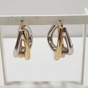 14K Solid White and Yellow Gold Large Puffed Twisted Knot Hoop Earrings